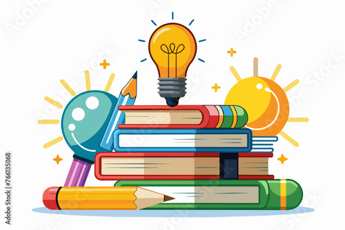 stack of educational books with idea light bulbs vector illustration photo