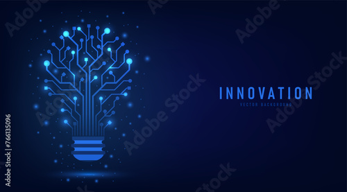 Innovation. Idea and solution technology concept. A light bulb from dot circuit board on the dark blue. Abstract cyber and digital computer innovation concept. Business innovation and creative idea.