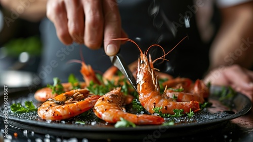 The chef is preparing shrimp and greens along with other ingredients for a delectable meal.