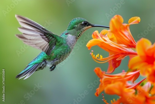 Emerald hummingbird feeding on an orange flower