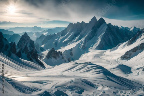 Majestic mountains unfolding in a panoramic display, their contours a symphony of form.
