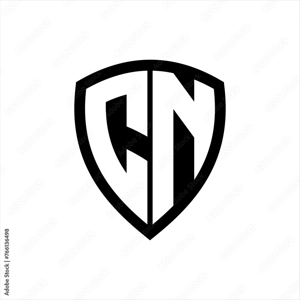 CN monogram logo with bold letters shield shape with black and white color design