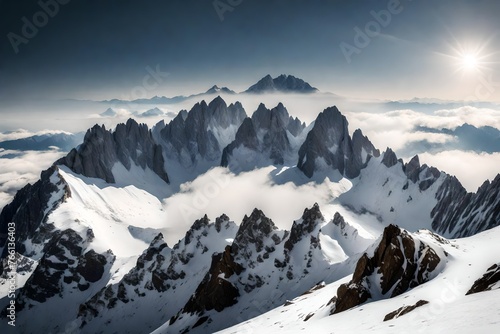 A vast range of peaks captured in a panoramic frame, a timeless alpine portrait.