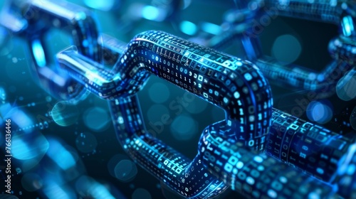 Abstract image of a digital blockchain with glowing blue chains against a dark background, symbolizing security, technology, and connectivity.