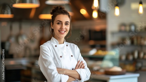 Chef, a young, attractive, smiling woman in a white suit, with her arms crossed in the kitchen.