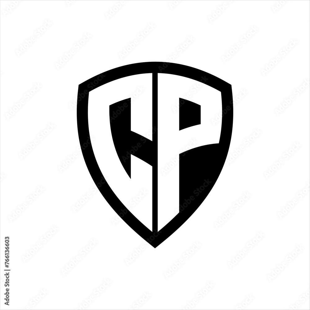 CP monogram logo with bold letters shield shape with black and white color design CP monogram logo with bold letters shield shape with black and white color design