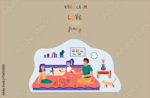 vector illustration of family day, where each family has its own activities, for example gathering in the same family room, holidays, sports with the family. photo