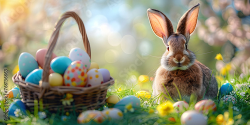 Easter rabbit with long ears sits by a basket filled with colorful eggs in grass, perfect for web banner design for the holiday season