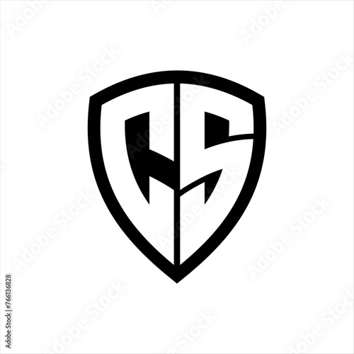 CS monogram logo with bold letters shield shape with black and white color design
