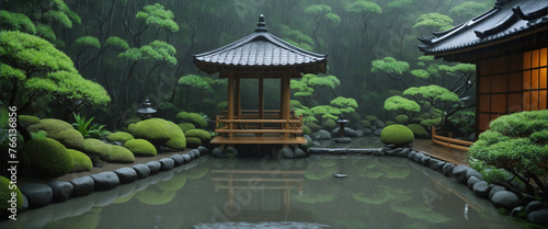 Japanese garden in the rain colourful background