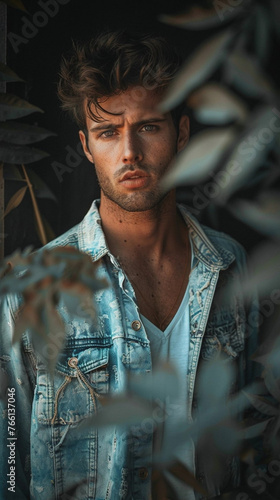 detailed photograph of a gorgeous male model, wearing trendy summer clothes, creative dark background, moody, serious. Attrractive male model, dark mood, portrait, photo shoot. photo