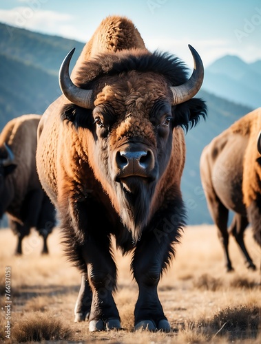 Vertical portrait of a fierce bison looking at camera from Generative AI