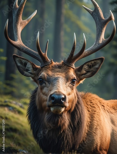 Vertical portrait of a fierce elk looking at camera from Generative AI