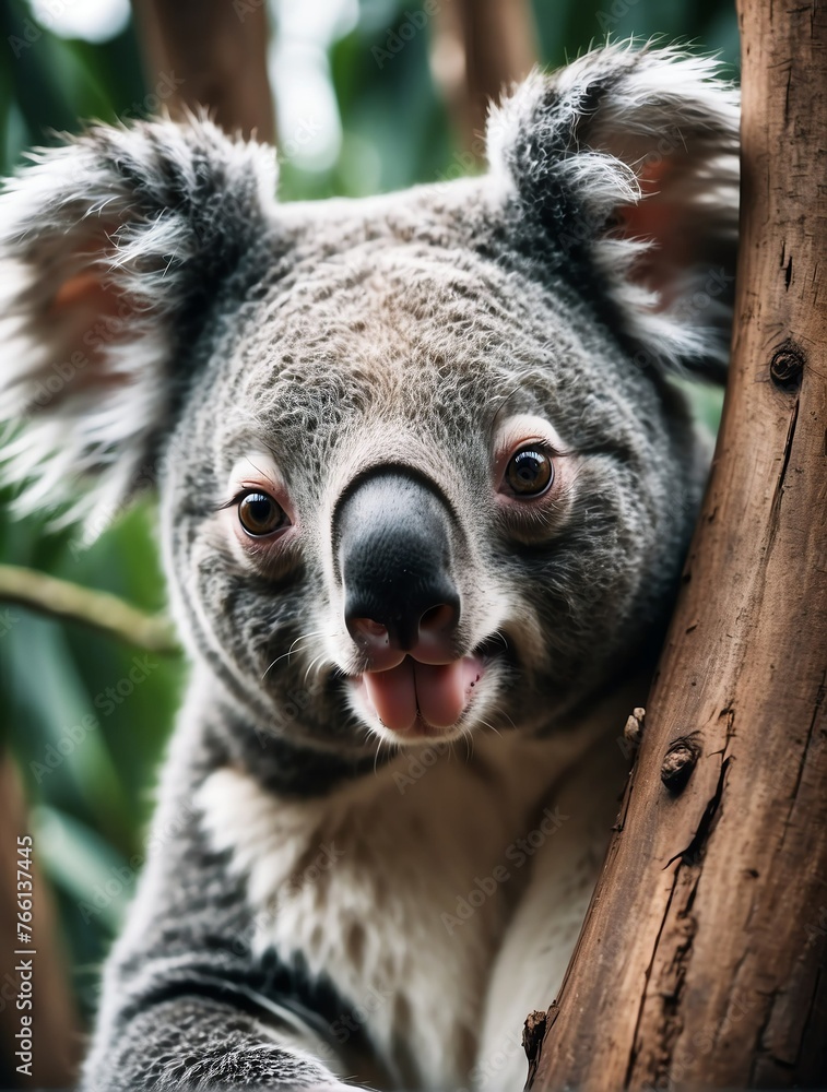 Obraz premium Vertical portrait of a fierce koala looking at camera from Generative AI