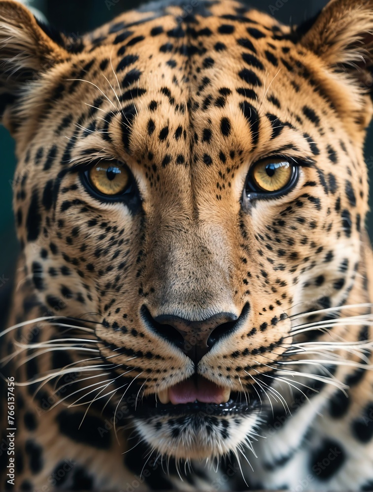 Fototapeta premium Vertical portrait of a fierce leopard looking at camera from Generative AI
