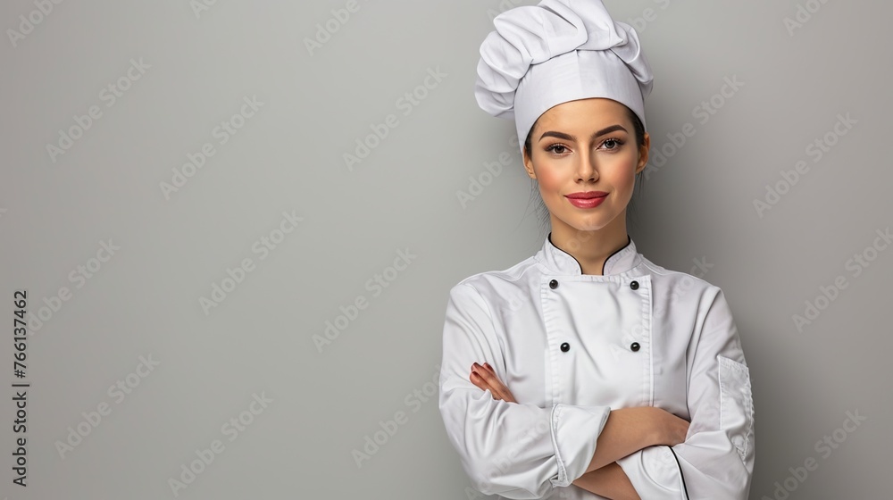 Portrait of a smiling female chef in uniform and hat, showcasing her profession in the culinary arts with a warm smile, symbolizing dedication to her work in the kitchen and service industry Portrait of a smiling female chef in uniform and hat, showcasing her profession in the culinary arts with a warm smile, symbolizing dedication to her work in the kitchen and service industry