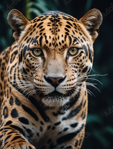 Vertical portrait of a fierce jaguar looking at camera from Generative AI © Arceli
