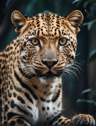 Vertical portrait of a fierce leopard looking at camera from Generative AI © Arceli