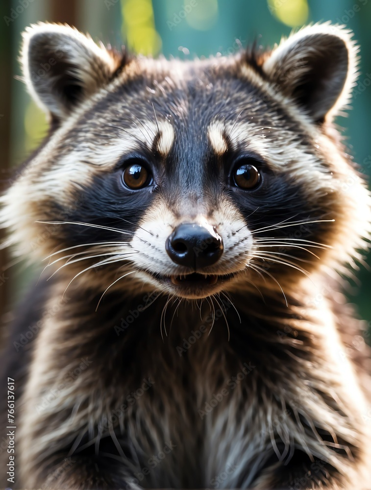 Vertical portrait of a fierce raccoon looking at camera from Generative AI Vertical portrait of a fierce raccoon looking at camera from Generative AI