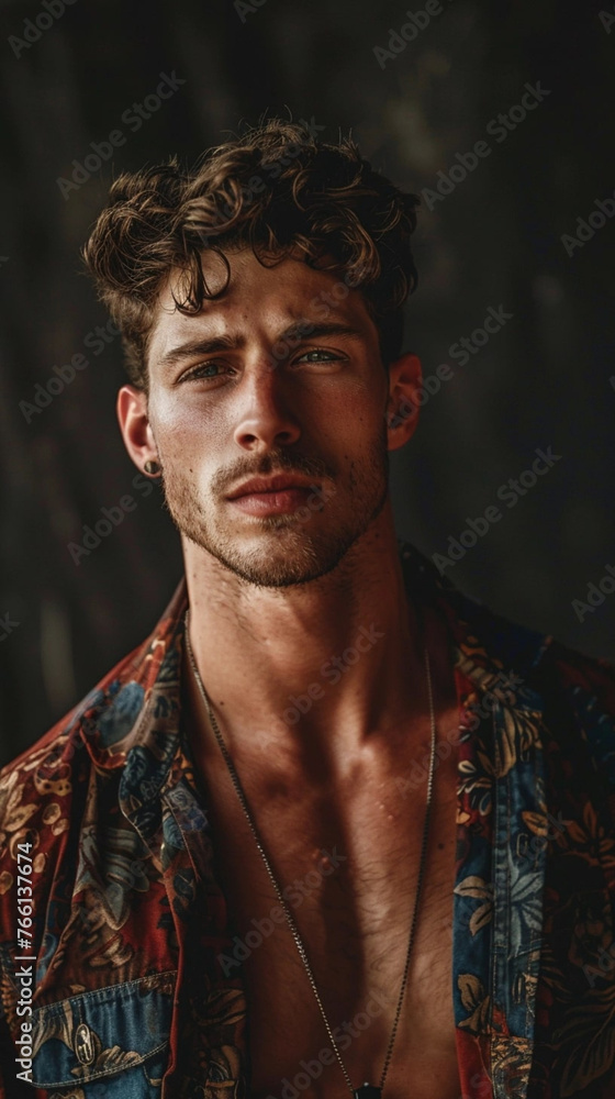 detailed photograph of a gorgeous male model, wearing trendy summer clothes, creative dark background, moody, serious. Attrractive male model, dark mood, portrait, photo shoot. detailed photograph of a gorgeous male model, wearing trendy summer clothes, creative dark background, moody, serious. Attrractive male model, dark mood, portrait, photo shoot.