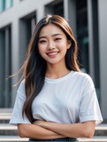 Vertical portrait of beautiful asian indigenous young woman gen z university student smiling happy looking at camera education advertising ad concept from Generative AI