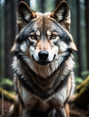 Vertical portrait of a fierce wolf looking at camera from Generative AI