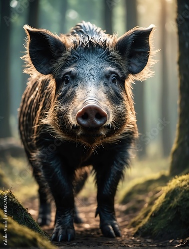 Vertical portrait of a fierce wild boar looking at camera from Generative AI