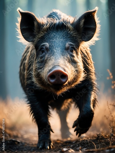 Vertical portrait of a fierce wild boar looking at camera from Generative AI © Arceli