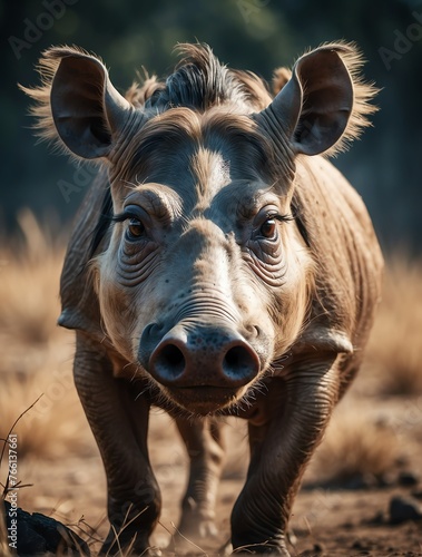 Vertical portrait of a fierce warthog looking at camera from Generative AI © Arceli