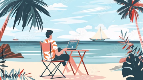 A person sits under palm trees working on a laptop at a beach, portraying remote work, freedom, and lifestyle.
