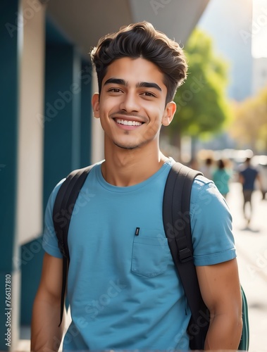 Vertical portrait of beautiful hispanic indigenous young man gen z university student smiling happy looking at camera education advertising ad concept from Generative AI