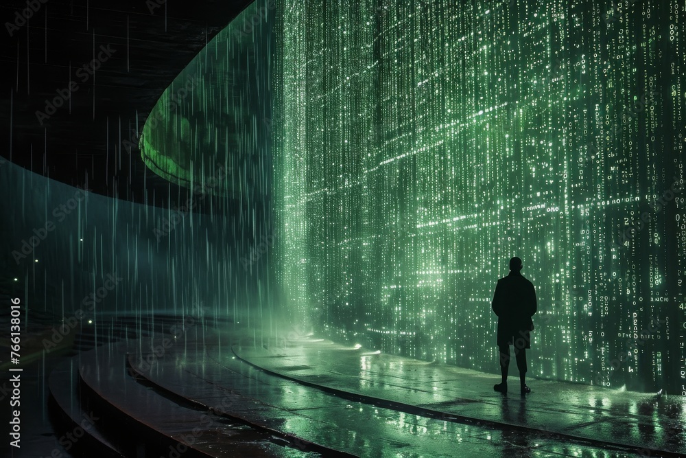 A man stands in front of a solid green wall, creating a striking contrast between the subject and the background, A futuristic scene with binary rain, similar to the Matrix movie, AI Generated A man stands in front of a solid green wall, creating a striking contrast between the subject and the background, A futuristic scene with binary rain, similar to the Matrix movie, AI Generated