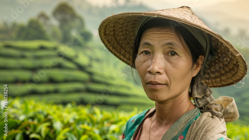 Tired Asian woman tea picker in a straw hat, portrait. tea plantations on a green hill.