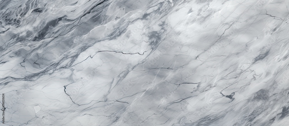 A detailed view of frozen white marble texture, resembling a snowy landscape with intricate patterns and small twigs scattered on the surface