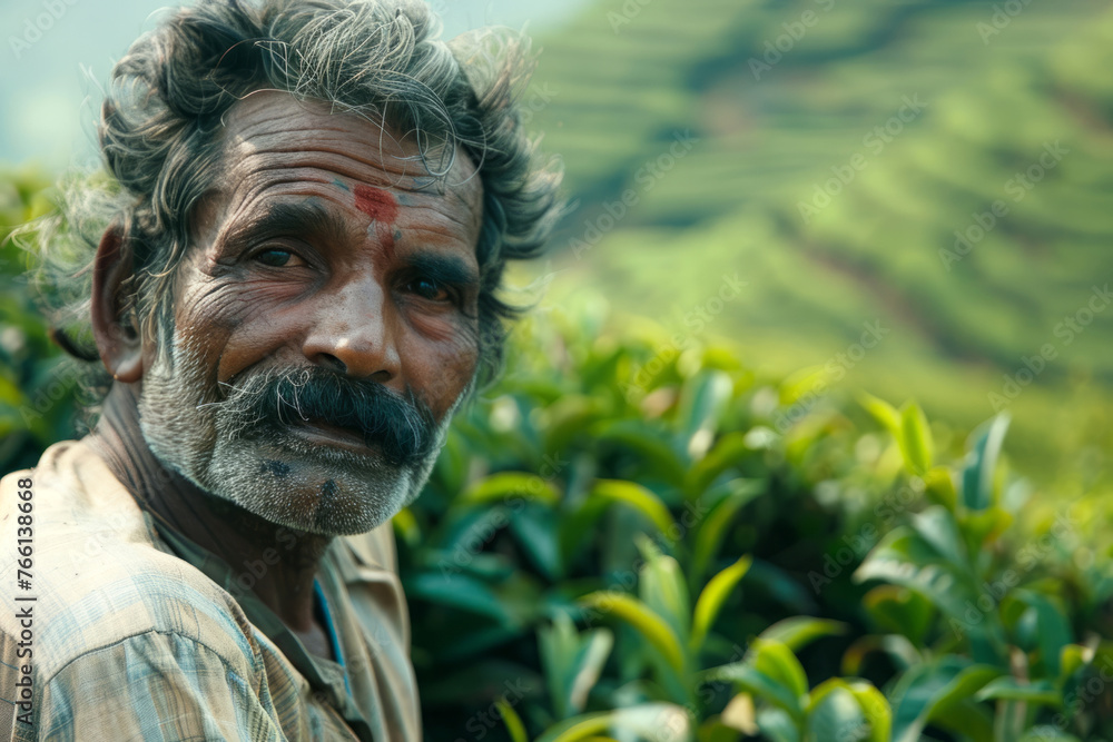 Mature Indian man on tea plantations on a hill. Mature Indian man on tea plantations on a hill.