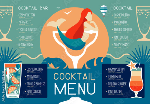 Retro summer restaurant menu design with cocktails and mermaid. Vector illustration