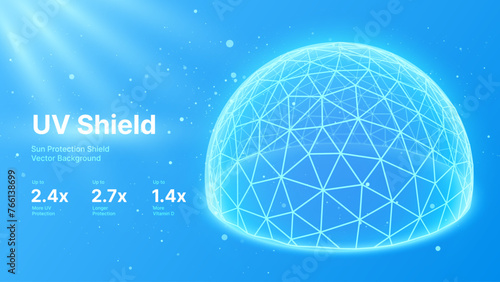 Sun Protection Futuristic Glowing Shield. 3D Sphere Bubble Shield from Ultraviolet Light. Game Hi Tech Dome. Solar Protection Screen. UV Radiation Safety Concept. Summer Vector Illustration.