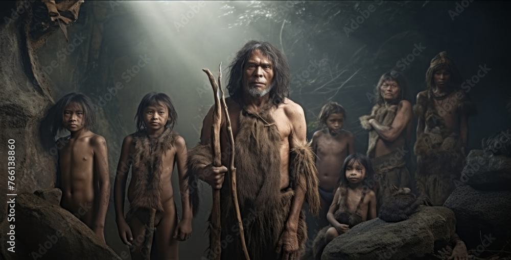 A group of people dressed in primitive clothing stand in a cave