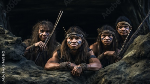 Four men wearing headdresses and holding sticks are posing for a picture © liliyabatyrova