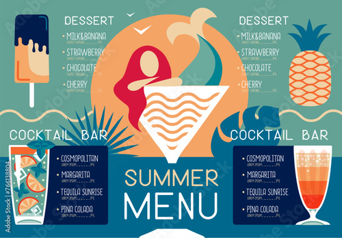 Retro summer restaurant menu design with cocktails, pineapple, ice cream and mermaid. Vector illustration