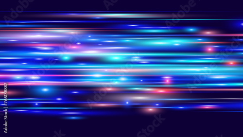 Digital Data Flow Vector Background. Big Data Technology Lines. 5G Wireless Data Transmission. High Speed of Light Trails. Information Flow in Virtual Reality Cyberspace. Vector Illustration.