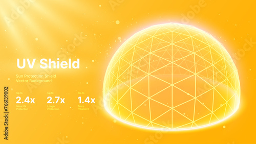 Sun Protection Futuristic Glowing Shield. 3D Sphere Bubble Shield from Ultraviolet Light. Game Hi Tech Dome. Solar Protection Screen. UV Radiation Safety Concept. Summer Vector Illustration.