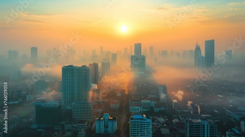 Elevated view of a polluted cityscape engulfed in PM 2.5 smog underscoring the urgent need for environmental action and air quality regulation in Thailand.