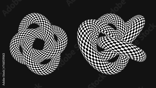 Vector 3D Knot with Checkered Texture. Surreal Abstract Object. Vector Illustration.