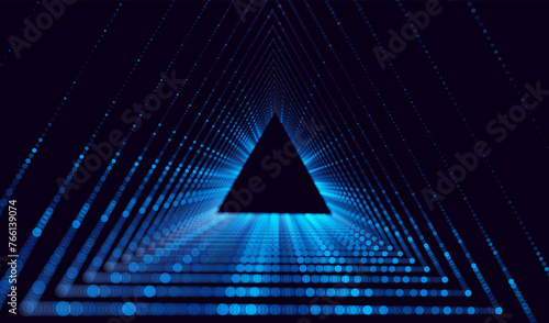 Triangle Frame Border Blue Lights DJ Party Flyer Background. Triangle Tunnel Big Data Backdrop. Abstract Blue Digital Background. Computer Triangular Tunnel Technology Vector Illustration.