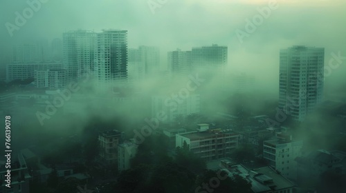 Impressionistic depiction of a cityscape veiled in PM 2.5 smog conveying the surreal and haunting atmosphere created by the air pollution crisis in Thailand. © taelefoto