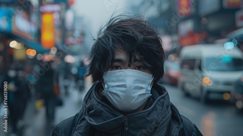 Close-up shot of a person wearing a protective mask amidst thick PM 2.5 smog emphasizing the health hazards and respiratory risks in Thailand. © taelefoto