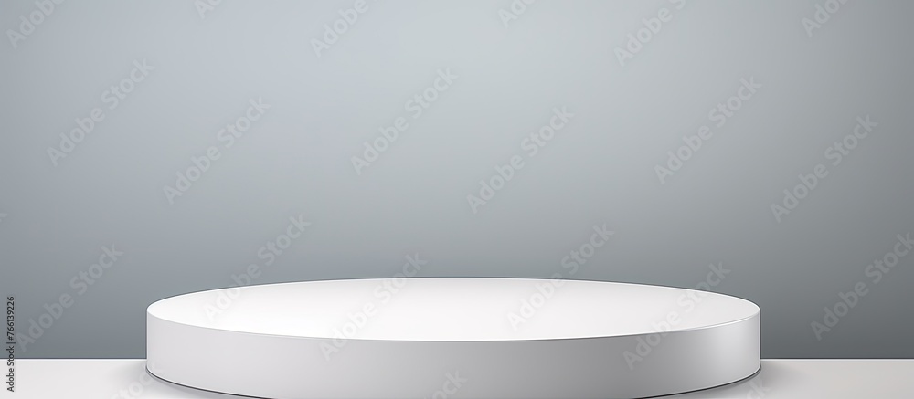 A simple white circular podium placed on a wooden table with a plain gray background in a minimalist setting A simple white circular podium placed on a wooden table with a plain gray background in a minimalist setting
