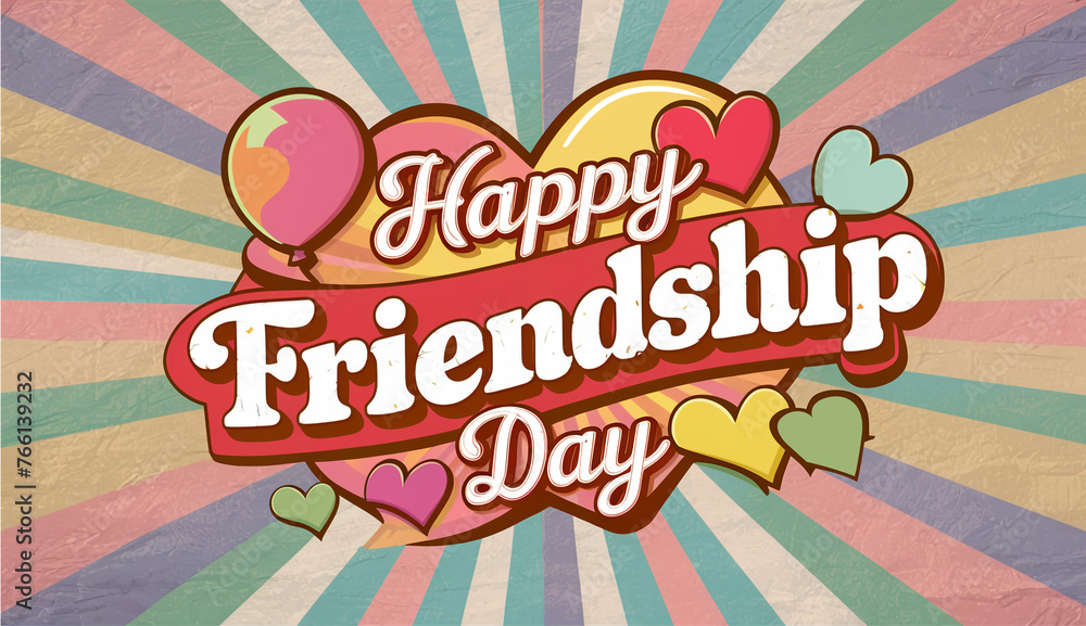 Happy Friendship Day Greeting Text with Heart Decoration retro aesthetic style with colorful background