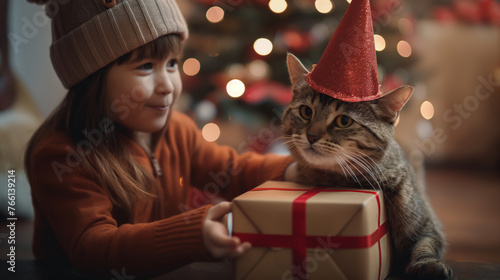 Child and cat, love and giving gifts in the festival of happiness	
